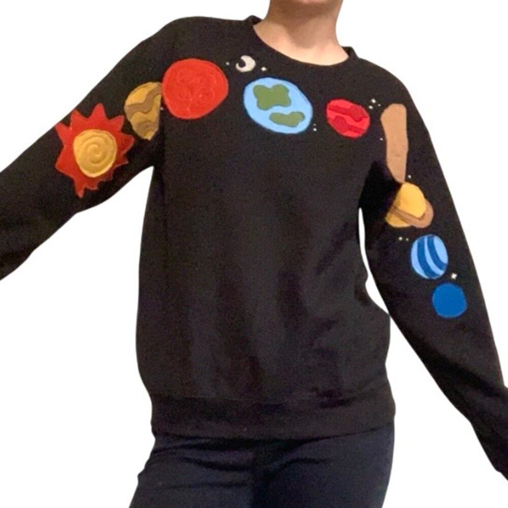 Custom Upcycled Solar System Planet Patchwork Black Sweatshirt – Small